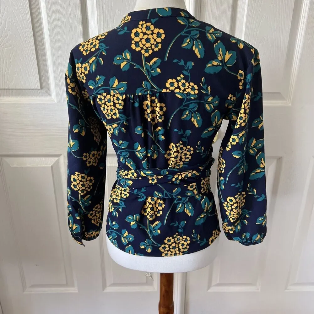 J Crew‎ Womens Floral Wrap Top Size XSmall Blue Long Sleeve Tie Waist